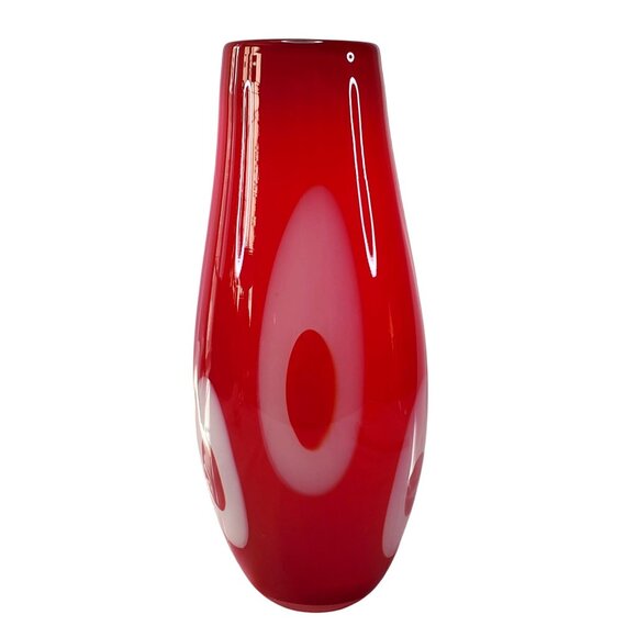Cosmo Vase Red & White Blown Art Glass Murano Style Pop Art MCM Oblong 11" Tall - Picture 1 of 13